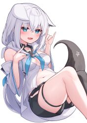 Rule 34 | 1girl, ahoge, animal ears, aqua eyes, ascot, breasts, cleavage cutout, clothing cutout, deaver, detached sleeves, earrings, ears down, fox ears, fox girl, fox shadow puppet, fox tail, highres, hololive, jewelry, long hair, low ponytail, medium breasts, midriff, navel, open mouth, shirakami fubuki, shirakami fubuki (1st costume), shorts, simple background, smile, solo, tail, thigh strap, thighs, virtual youtuber, white background, white hair