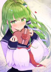 Rule 34 | 1girl, alternate costume, blue sailor collar, blue skirt, blush, box, breasts, commentary request, contemporary, frog hair ornament, green eyes, green hair, hair intakes, hair ornament, hair tubes, hands up, heart, heart-shaped box, highres, holding, holding box, kochiya sanae, large breasts, long hair, looking at viewer, neckerchief, puuakachan, red neckerchief, sailor collar, school uniform, serafuku, shirt, sidelocks, skirt, sleeves past wrists, snake hair ornament, solo, touhou, upper body, white shirt