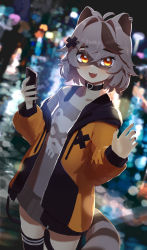 Rule 34 | 1girl, absurdres, animal ears, black hair, black nails, black thighhighs, brown eyes, cellphone, commission, fang, grey hair, grey shirt, grey skirt, highres, holding, holding phone, indie virtual youtuber, jacket, looking at viewer, multicolored hair, nail polish, nora (agentpuppyone), open mouth, orange jacket, phone, pleated skirt, raccoon ears, raccoon girl, raccoon tail, shirt, skeb commission, skin fang, skirt, smartphone, smile, snuffy (vtuber), snuffy (vtuber) (1st costume), solo, tail, thighhighs, virtual youtuber