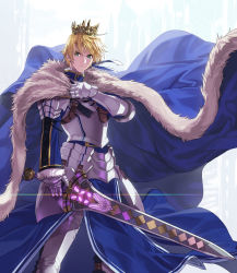 Rule 34 | 1boy, armor, arthur pendragon (fate), belt, belt buckle, blonde hair, blue cloak, blue ribbon, breastplate, brown belt, buckle, cape, cloak, closed mouth, commentary request, crown, diffraction spikes, excalibur (fate/prototype), fate/grand order, fate/prototype, fate (series), faulds, fur-trimmed cloak, fur-trimmed sleeves, fur trim, gauntlets, glowing, greaves, green eyes, hair ribbon, hand up, holding, holding sword, holding weapon, loincloth, long sleeves, looking at viewer, male focus, pauldrons, rainbow, ribbon, serious, shoulder armor, solo, standing, sword, weapon, wind, yahako