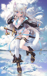 Rule 34 | 1girl, ahoge, animal ear fluff, animal ears, bare shoulders, bell, belt, black footwear, black jacket, blue eyes, blue hair, blue leotard, blue necktie, blue sky, blush, braid, cat ears, cat girl, cat tail, closed mouth, cloud, cloudy sky, covered navel, cross, cross hair ornament, fingernails, green eyes, grey hair, hair ornament, heterochromia, hook, jacket, kubota masaki, leotard, long hair, mountain, multicolored hair, necktie, original, outdoors, reflection, ripples, scabbard, sheath, sheathed, silhouette, single thighhigh, sky, sleeves past wrists, smile, solo, streaked hair, sword, tail, thigh strap, thighhighs, v, water, weapon, white thighhighs, zipper, zipper pull tab