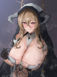 Rule 34 | 1girl, :q, azur lane, between breasts, black gloves, blonde hair, blush, breasts, clothes pull, fake horns, from above, gloves, habit, hair between eyes, half gloves, heart, heart-shaped pupils, highres, horns, huge breasts, implacable (azur lane), long hair, looking at viewer, nun, ohwani333, pulling own clothes, red eyes, see-through, simple background, skindentation, solo, steaming body, strap between breasts, sweat, symbol-shaped pupils, tongue, tongue out, very long hair, white horns