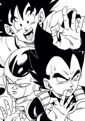 Rule 34 | 3boys, :d, armor, black eyes, black hair, close-up, commentary request, dragon ball, dragon ball super, dragon ball super broly, dragonball z, embarrassed, fingernails, frieza, gloves, greyscale, highres, lee (dragon garou), looking at viewer, looking away, male focus, monochrome, multiple boys, nervous, ok sign, open mouth, short hair, simple background, single glove, smile, son goku, spiked hair, sweatdrop, upper body, vegeta, white background, white gloves