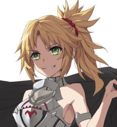 Rule 34 | &gt;:d, 1girl, :d, armband, armor, bare shoulders, blonde hair, boobplate, breastplate, collar, commentary, fate (series), green eyes, grin, long hair, looking at viewer, mordred (fate), mordred (fate/apocrypha), open mouth, parted lips, ponytail, simple background, smile, solo, tonee, upper body, v-shaped eyebrows, white background