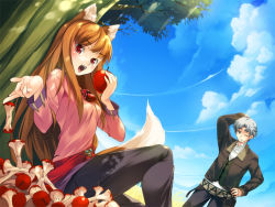 Rule 34 | 00s, 1boy, 1girl, animal ears, apple, apple core, brown hair, cloud, craft lawrence, day, eating, food, fruit, holding, holding food, holding fruit, holo, long hair, red eyes, short hair, silver hair, sitting, sky, spice and wolf, tail, wolf ears, wolf tail, yashima takahiro