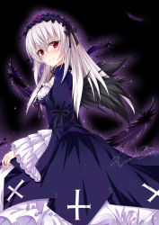Rule 34 | 1girl, aura, black dress, black wings, blush, cross, darkness, dress, feathers, gothic lolita, grandia bing, hairband, juliet sleeves, layered dress, lolita fashion, lolita hairband, long hair, long sleeves, looking at viewer, looking back, pink eyes, puffy sleeves, rozen maiden, signature, silver hair, smile, solo, suigintou, white dress, wide sleeves, wings