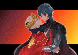 Rule 34 | 1boy, 1girl, armor, black gloves, blue eyes, blue hair, byleth (fire emblem), byleth (male) (fire emblem), cape, edelgard von hresvelg, fire emblem, fire emblem: three houses, from side, gloves, hair ornament, hand on another&#039;s chest, headpiece, holding, horns, long hair, long sleeves, looking at another, nintendo, ohlala, short hair, upper body, white hair