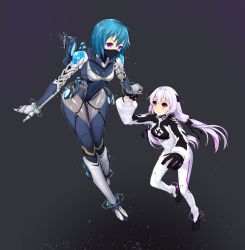Rule 34 | 2girls, absurdres, alpha (acerailgun), android, armor, bad id, bad pixiv id, blue hair, bodysuit, borrowed character, breasts, cecilia (acerailgun), clothes writing, floating, floating object, gloves, grey background, highres, holding hands, hologram, horns, hoshi usagi, large breasts, light particles, light purple hair, long hair, looking at viewer, looking up, mask, mecha musume, multiple girls, original, purple eyes, red eyes, shiny clothes, short hair, simple background, small breasts, smile, space, spacesuit, thrusters, twintails, zero gravity