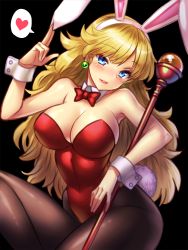Rule 34 | 1girl, animal ears, bare shoulders, black background, black pantyhose, blonde hair, blue eyes, blush, bow, bowtie, breasts, character request, cleavage, curvy, detached collar, earrings, fake animal ears, heart, jewelry, large breasts, leotard, long hair, looking at viewer, pantyhose, parted lips, playboy bunny, rabbit ears, rabbit tail, simple background, smile, solo, spoken heart, staff, tail, wrist cuffs, yapo (croquis side)