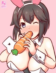 Rule 34 | 1girl, animal ears, artist logo, bare shoulders, between breasts, black hair, blush, breasts, carrot, cleavage, dated, detached collar, eating, fake animal ears, grey eyes, hair between eyes, hayasui (kancolle), kanon (kurogane knights), kantai collection, large breasts, leotard, necktie, necktie between breasts, one eye closed, open mouth, pink background, playboy bunny, rabbit ears, sexually suggestive, short hair, solo, strapless, strapless leotard, upper body, white leotard, wrist cuffs