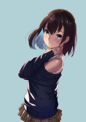 Rule 34 | 1girl, aqua eyes, bare shoulders, blush, brown hair, commentary request, highres, kagematsuri, looking at viewer, off shoulder, original, short hair, simple background, skirt, smile, solo, sweater, tank top