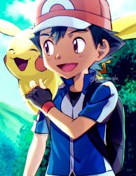 Rule 34 | 1boy, :d, ash ketchum, backpack, bad id, bad twitter id, bag, black bag, black gloves, black hair, black shirt, blue jacket, brown eyes, bush, chitozen (pri zen), cloud, commentary request, creatures (company), day, fingerless gloves, game freak, gen 1 pokemon, gloves, hand up, hat, highres, jacket, male focus, nintendo, on shoulder, open mouth, outdoors, pikachu, pokemon, pokemon (anime), pokemon (creature), pokemon on shoulder, pokemon xy (anime), red headwear, shirt, short hair, sky, smile, tongue, twitter username, watermark