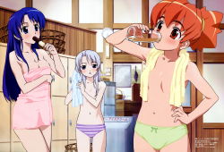 Rule 34 | 3girls, :&gt;=, :o, absurdres, arm up, bare shoulders, basket, blue eyes, blue hair, blush, bottle, bow, bow panties, breast hold, breasts, calendar (object), censored, cleavage, clock, convenient censoring, drink, drinking, eating, embarrassed, emelenzia beatrix rudiger, female focus, fingernails, flat chest, food, green panties, hand on own hip, highres, hip focus, holding, indoors, karasu hiroaki, locker, long hair, looking at viewer, mamoru-kun ni megami no shukufuku wo!, megami magazine, multiple girls, naked towel, navel, non-web source, nude, official art, open mouth, panties, panties only, parted bangs, ponytail, popsicle, purple panties, red eyes, red hair, scan, scrunchie, shiny skin, short hair, sidelocks, silver hair, standing, striped clothes, striped panties, takasu ayako, thigh gap, thighs, topless, towel, towel around neck, underwear, underwear only, wall, wet, yoshimura itsumi
