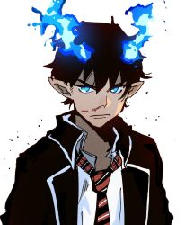 Rule 34 | 1boy, ao no exorcist, blood, blood on face, blue eyes, blue fire, closed mouth, collared jacket, collared shirt, dress shirt, film grain, fire, glowing, hair between eyes, isaacchief300, jacket, light particles, long sleeves, looking to the side, male focus, necktie, okumura rin, open clothes, open collar, open jacket, pointy ears, redrawn, shirt, short hair, simple background, solo, striped necktie, upper body, white background, white shirt, white trim
