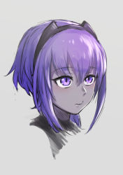 Rule 34 | 1girl, absurdres, black hairband, black skin, blush, closed mouth, colored skin, dark-skinned female, dark skin, emoshon, eyelashes, facing away, fate/grand order, fate/prototype, fate/prototype: fragments of blue and silver, fate (series), hair between eyes, hairband, hassan of serenity (fate), highres, lips, looking away, purple eyes, purple hair, short hair, short hair with long locks, sidelocks, silver background, simple background, solo, turtleneck
