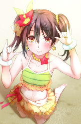 Rule 34 | 1girl, absurdres, arms up, bangle, barefoot, beach, bikini, bikini skirt, blush, bow, bracelet, breasts, collarbone, earrings, flower, flower necklace, frill trim, frills, from above, hair between eyes, hair flower, hair ornament, hand gesture, hibiscus, highres, hitotsuki no yagi, jewelry, kneeling, looking at viewer, love live!, love live! school idol festival, love live! school idol project, medium hair, natsuiro egao de 1 2 jump!, navel, necklace, outdoors, red bow, red eyes, red flower, sand, scrunchie, sleeveless, small breasts, smile, solo, star (symbol), star earrings, striped bikini, striped clothes, swimsuit, tankini, twintails, yazawa nico