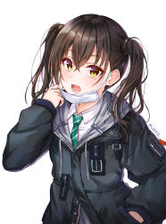 Rule 34 | 1girl, :o, black jacket, brown eyes, brown hair, collared shirt, commentary, drawstring, hair between eyes, hand in pocket, hand up, highres, hood, hood down, hooded jacket, idolmaster, idolmaster cinderella girls, jacket, lkeris, long hair, long sleeves, looking at viewer, mask, mask pull, mole, mole under eye, mouth mask, necktie, open mouth, sanpaku, sharp teeth, shirt, sidelocks, simple background, sleeves past wrists, solo, sunazuka akira, surgical mask, teeth, twintails, upper body, white background, white shirt