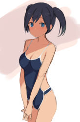 Rule 34 | 10s, 1girl, bad id, bad pixiv id, bare shoulders, blue eyes, blue hair, blue one-piece swimsuit, blush, breasts, cleavage, competition school swimsuit, cowboy shot, highres, kantai collection, looking at viewer, matching hair/eyes, one-piece swimsuit, own hands together, peaked eyebrows, raised eyebrows, school swimsuit, short hair, short twintails, shuuichi, simple background, sketch, solo, souryuu (kancolle), standing, swimsuit, twintails, v arms, white background