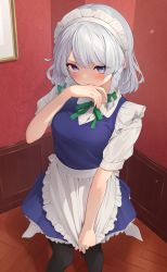 Rule 34 | 1girl, apron, black pantyhose, blue dress, blue eyes, blush, bow, braid, buttons, closed mouth, collared shirt, covering crotch, covering privates, dress, embarrassed, feet out of frame, fingernails, frilled apron, frills, green bow, green ribbon, grey hair, hair bow, highres, izayoi sakuya, kanpa (campagne 9), looking at viewer, maid, maid apron, maid headdress, pantyhose, ribbon, shirt, short hair, short sleeves, solo, touhou, twin braids, waist apron, white apron, white shirt