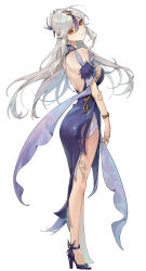 Rule 34 | 1girl, absurdres, backless dress, backless outfit, bare back, bare shoulders, blue dress, blue footwear, bracelet, breasts, brown eyes, commentary request, commission, dress, full body, genshin impact, high heels, highres, jewelry, large breasts, long hair, looking at viewer, ningguang (genshin impact), pixiv commission, rhtkd, shoes, simple background, smile, solo, standing, very long hair, white background, white hair