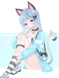 Rule 34 | 1girl, absurdres, animal ears, ass, bad id, bad twitter id, bag, bandeau, bell, blue eyes, blue hair, blue jacket, borrowed character, bow, cat ears, cat girl, cat tail, collar, fish, hair ornament, hairclip, handbag, highres, jacket, jingle bell, kneehighs, knees up, lebring, long hair, long sleeves, looking at viewer, mouth hold, multicolored hair, open clothes, open jacket, original, shoes, sitting, socks, solo, strapless, streaked hair, striped clothes, striped socks, tail, tail bow, tail ornament, tail raised, thighs, white footwear