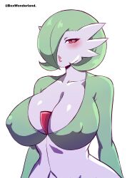 Rule 34 | 1girl, absurdres, artist name, blush, bob cut, box wonderland, breasts, cleavage, collarbone, colored skin, covered erect nipples, creatures (company), female focus, game freak, gardevoir, gen 3 pokemon, green hair, green shirt, hair over one eye, half-closed eyes, highres, huge breasts, lips, looking at viewer, nintendo, one eye covered, parted lips, personification, pokemon, pokemon (creature), red eyes, shiny skin, shirt, short hair, simple background, solo, teeth, upper body, watermark, white background, white skin