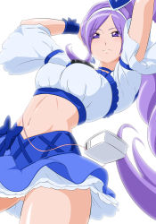Rule 34 | 1girl, :3, arms up, backlighting, blue bow, blue choker, blue skirt, bow, breasts, choker, closed mouth, cowboy shot, crop top, cure berry, fresh precure!, fuchi (nightmare), gluteal fold, hairband, highres, large breasts, layered skirt, long hair, midriff, miniskirt, navel, parted bangs, ponytail, precure, purple eyes, purple hair, shiny skin, simple background, skirt, solo, standing, stomach, very long hair, white background, white hairband