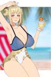 Rule 34 | 1girl, absurdres, arm up, armpits, beach, blonde hair, blush, braid, braided bun, breasts, cleavage, closed mouth, collarbone, commentary, cosplay, cryptid crab, cup, double bun, drink, drinking glass, english commentary, fingernails, fire emblem, fire emblem heroes, forehead jewel, gradient hair, green eyes, hair bun, henriette (fire emblem), highres, holding, holding cup, holding drink, huge breasts, jewelry, lips, looking at viewer, multicolored hair, nintendo, official alternate costume, one-piece swimsuit, outdoors, pink hair, pink lips, short hair, sidelocks, smile, solo, swimsuit, tana (fire emblem), tana (fire emblem) (cosplay), tana (summer) (fire emblem), thighs, twitter username