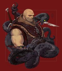 Rule 34 | 1boy, animal, armor, bald, black snake, blood, bloody weapon, closed mouth, collar, commentary request, holding, holding knife, knife, korean commentary, leather armor, letho of gulet, looking to the side, male focus, medallion, muscular, muscular male, over shoulder, red background, scar, scar on face, scar on forehead, serious, simple background, sleeveless, snake, solo, svtcool, sword, sword behind back, sword over shoulder, the witcher (series), the witcher 2, weapon, weapon over shoulder, yellow eyes