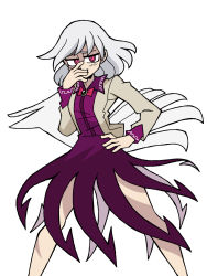 Rule 34 | 1girl, bow, bowtie, dress, eddybird55555, feet out of frame, highres, jacket, kishin sagume, long sleeves, looking at viewer, purple dress, red bow, red bowtie, ringed eyes, short hair, simple background, single wing, solo, standing, touhou, vanripper (style), white background, white hair, white jacket, white wings, wings