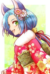 Rule 34 | 1girl, animal ears, bell, blue hair, cat ears, flower, green eyes, hair bell, hair flower, hair ornament, hair ribbon, highres, japanese clothes, kimono, long hair, looking at viewer, low twintails, meracle chamlotte, open mouth, ribbon, smile, solo, star ocean, star ocean the last hope, tail, twintails