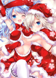 Rule 34 | 10s, 2girls, ;d, arms up, bed, blue eyes, blue hair, blush, breasts, cleavage, detached sleeves, dress, elbow gloves, eyes visible through hair, fur-trimmed sleeves, fur trim, gloves, hair ornament, hair over one eye, hairclip, hamakaze (kancolle), hat, hug, kantai collection, large breasts, long hair, looking at viewer, lying, medium breasts, midriff, multiple girls, navel, no bra, nogi takayoshi, on back, on bed, on side, one eye closed, open mouth, parted lips, santa costume, santa hat, shiny skin, short hair, siblings, silver hair, sisters, smile, stomach, thighhighs, urakaze (kancolle), white legwear