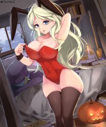 Rule 34 | 1girl, bare shoulders, blonde hair, blue eyes, breasts, cleavage, diana cavendish, highres, large breasts, leotard, little witch academia, long hair, playboy bunny, solo, thighhighs