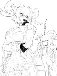 Rule 34 | 2girls, animal ears, arknights, beeswax (arknights), blush, bug, carnelian (arknights), collar, cowboy shot, dress, erection, facing viewer, futanari, goat ears, goat girl, goat horns, greyscale, hand up, hands up, highres, hitobashira (1746164306), horizontal pupils, horns, infection monitor (arknights), bug, jacket, large penis, long hair, looking at another, looking at viewer, looking back, monochrome, motion lines, multiple girls, open clothes, open jacket, open mouth, penis, short dress, short hair, siblings, simple background, sisters, veins, veiny penis
