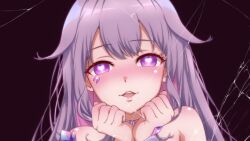 Rule 34 | 1girl, bare shoulders, blush, collar, grey hair, hair flaps, heart, heart-shaped pupils, highres, holoadvent, hololive, hololive english, jewelry, koseki bijou, lips, long hair, looking at viewer, multicolored hair, open mouth, p-nekoe, pink hair, purple background, purple eyes, shiny skin, simple background, solo, symbol-shaped pupils, two-tone hair, upper body, virtual youtuber