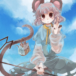 Rule 34 | 1girl, animal ears, chachi (azuzu), dowsing rod, female focus, grey hair, jewelry, mouse (animal), mouse ears, mouse tail, nazrin, outdoors, pendant, red eyes, short hair, sky, solo, tail, touhou