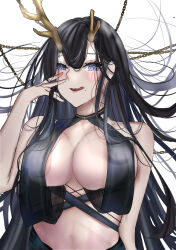 Rule 34 | 1girl, absurdres, antlers, artist request, asymmetrical horns, azur lane, black hair, blue eyes, blush, breasts, chain, cleavage, golden hind (azur lane), highres, horns, large breasts, licking lips, midriff, mole, mole under mouth, revealing clothes, tongue, tongue out, upper body