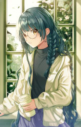 Rule 34 | 1girl, absurdres, bad id, bad pixiv id, braid, cup, ear piercing, glasses, green hair, highres, holding, holding cup, indoors, jacket, looking at viewer, nanna (heyj2888), original, piercing, shirt, smile, solo, tattoo, tree, window, yellow eyes