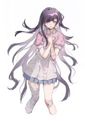 Rule 34 | 1girl, apron, bandaged arm, bandaged leg, bandages, bandaid, bandaid on knee, bandaid on leg, black hair, blue skirt, collared shirt, commentary request, cropped legs, danganronpa (series), danganronpa 2: goodbye despair, grey apron, hands up, highres, long hair, looking at viewer, mole, mole under eye, nurse, open mouth, pink shirt, pleated skirt, puffy short sleeves, puffy sleeves, shirt, short sleeves, simple background, skirt, snowcake47, solo, tsumiki mikan, white background