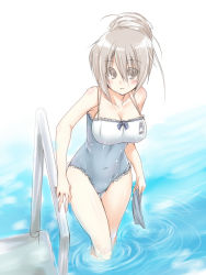 Rule 34 | 1girl, bad id, bad pixiv id, breasts, brown eyes, brown hair, casual one-piece swimsuit, cleavage, covered navel, frilled swimsuit, frills, hair up, large breasts, one-piece swimsuit, original, paopao, ponytail, pool, pool ladder, poolside, ripples, solo, swim cap, swimsuit, thigh gap, wading, water, white one-piece swimsuit