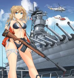 Rule 34 | 1girl, absurdres, aircraft, american flag, battle rifle, battleship, bikini, black bikini, blonde hair, blue eyes, blue sky, breasts, carrying, closed mouth, cloud, cloudy sky, day, folded ponytail, front-tie bikini top, front-tie top, gun, gun sling, hand on own thigh, helicopter, highres, jacket, light frown, m14, medium breasts, medium hair, mikeran (mikelan), military, military vehicle, motion blur, multi-strapped bikini, navel, ocean, off shoulder, open clothes, open jacket, original, outdoors, red jacket, rifle, ship, side-tie bikini bottom, sky, smoke, solo, suppressor, swimsuit, thigh strap, uh-1 iroquois, united states navy, vehicle request, warship, watercraft, weapon