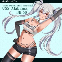 Rule 34 | 1girl, 2019, alabama (azur lane), arm up, armpits, azur lane, bandeau, bare shoulders, bikini, bikini top only, bikini under clothes, black background, black bikini, black gloves, black panties, black shorts, black thighhighs, blue background, bodypaint, breasts, character name, clothes writing, collarbone, cowboy shot, dark-skinned female, dark skin, dated, detached collar, elbow gloves, facepaint, gloves, hair between eyes, hair intakes, hand on own hip, heart, heart necklace, hebitsukai-san, highleg, highleg panties, highres, jewelry, long hair, looking at viewer, medium breasts, native american, navel, necklace, open mouth, panties, red eyes, see-through, short shorts, shorts, sidelocks, silver hair, skindentation, solo, standing, strap gap, strapless, swimsuit, thighhighs, thighs, tube top, twintails, twitter username, two-tone background, underwear, wing collar