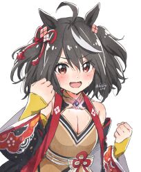 Rule 34 | 1girl, ahoge, animal ears, black hair, black sleeves, blush, bob cut, breasts, cleavage, cleavage cutout, clenched hands, clothing cutout, detached sleeves, double-parted bangs, floral print, fuusuke (fusuke208), gold trim, hair between eyes, highres, horse ears, horse girl, kitasan black (umamusume), looking at viewer, medium breasts, multicolored hair, obi, open mouth, orange shirt, red eyes, red ribbon, ribbon, sash, shirt, short hair, simple background, sleeveless, sleeveless shirt, smile, solo, sweat, two-tone hair, two side up, umamusume, upper body, v-shaped eyebrows, white background, white hair, white sash, wide sleeves, yellow sleeves