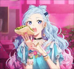 Rule 34 | 1girl, blue eyes, blue hair, blue skirt, blush, bracelet, butterfly hair ornament, chain, choker, commentary, earrings, food, gradient hair, hair ornament, hakusai (tiahszld), heat, holding, holding food, jewelry, long hair, looking at viewer, md5 mismatch, multicolored hair, nail polish, open mouth, original, pink hair, pink nails, resolution mismatch, revision, ribbon, ring, round teeth, short sleeves, skirt, solo, source smaller, star (symbol), teeth, upper body, watch, wavy hair, white ribbon, wristwatch