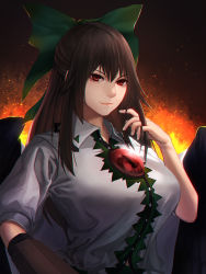 Rule 34 | 1girl, arm cannon, black wings, bow, breasts, brown hair, cape, embers, fingernails, fire, green skirt, hair bow, hand in own hair, hand up, jpeg artifacts, large breasts, lips, long hair, looking at viewer, midriff, minami koyogi, nose, red eyes, reflection, reiuji utsuho, shirt, short sleeves, skirt, smile, solo, third eye, touhou, upper body, very long hair, weapon, white shirt, wings