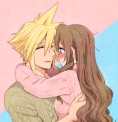 Rule 34 | 1boy, 1girl, aerith gainsborough, alternate costume, arms around neck, blonde hair, blue background, blush, breasts, brown hair, cable knit, cloud strife, couple, crying, closed eyes, final fantasy, final fantasy vii, green eyes, hair between eyes, hair down, hand on another&#039;s back, hug, krudears, long hair, long sleeves, medium breasts, open mouth, pink background, pink sweater, short hair, sidelocks, smile, spiked hair, square enix, sweater, tears, two-tone background, upper body, wavy hair