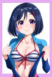 Rule 34 | 1girl, bikini, blue hair, blush, bodysuit, breasts, cleavage, collarbone, commentary request, diving suit, front-tie bikini top, front-tie top, hair ornament, hairclip, highres, igarashi kyouhei, looking at viewer, love live!, love live! school idol festival, love live! sunshine!!, matsuura kanan, medium breasts, open clothes, open wetsuit, purple eyes, short hair, smile, solo, striped bikini, striped clothes, swimsuit, upper body, wetsuit, white background