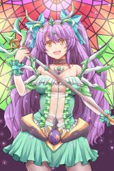 Rule 34 | 1girl, amane hasuhito, aqua dress, bad id, bad pixiv id, bow, breasts, choker, cleavage, dress, hair bow, jewelry, large breasts, long hair, looking at viewer, necklace, open mouth, original, pendant, polearm, purple hair, smile, solo, staff, stained glass, tiara, two side up, very long hair, weapon, wrist cuffs, yellow eyes