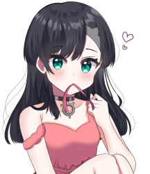 Rule 34 | 1girl, api peko, asymmetrical bangs, black choker, black hair, blush, choker, collarbone, commentary request, creatures (company), dress, eyelashes, game freak, green eyes, hand up, heart, highres, knees, long hair, looking at viewer, marnie (pokemon), mouth hold, nintendo, off shoulder, pink dress, pokemon, pokemon swsh, ribbon, ribbon in mouth, solo, upper body