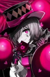 Rule 34 | 1girl, ace (playing card), ace of hearts, balloon, black hair, card, clown, colored skin, commentary request, curtains, envy baby (vocaloid), grey skin, hair over one eye, hat, heart, heart-shaped pupils, highres, holding, holding card, hololive, long sleeves, looking at viewer, neck ruff, one eye covered, pink curtains, pink eyes, pink theme, playing card, puffy long sleeves, puffy sleeves, roboco-san, satobitob, second-party source, smile, solo, stage, stage curtains, symbol-shaped pupils, top hat, virtual youtuber, vocaloid